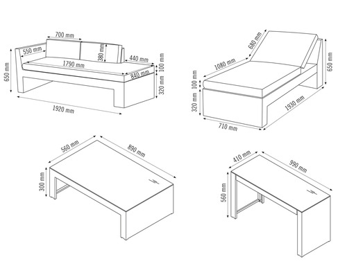 Masszeichnung von Sofa, Liege, Tisch und Beistelltisch mit Massangaben