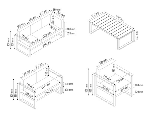 Technische Zeichnung von Gartenset mit Sofa, Sessel und Tisch mit Maßangaben