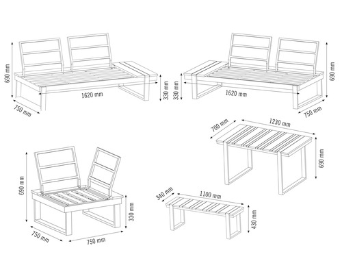 Skizze einer Loungegruppe mit Sofa, Bank und Tisch mit Massangaben