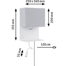 Applique murale avec étagère et lampe de lecture, dimensions indiquées