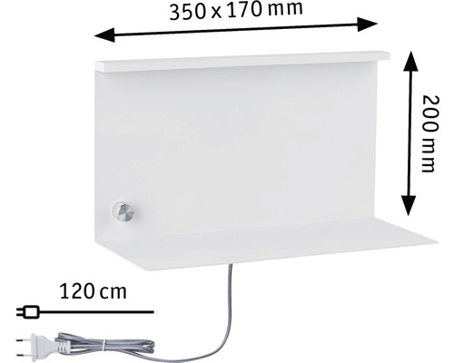 Weißes Wandregal mit den Maßen 350 x 170 x 200 Millimeter und 120 Zentimeter Zuleitung
