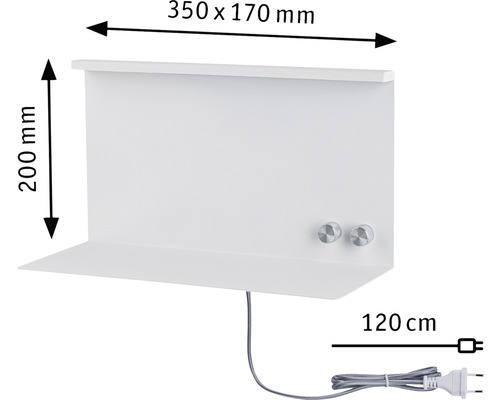Weißer Handtuchwärmer mit den Maßen 350 x 170 x 200 mm und 120 cm Kabellänge