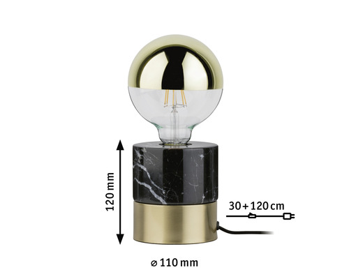 Lampe de table avec demi-sphère dorée, corps en verre transparent et base marbrée