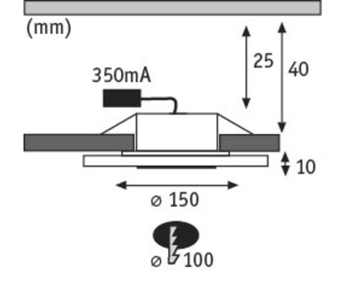 Schéma technique d''une lampe LED avec dimensions en millimètres et symbole de choc électrique