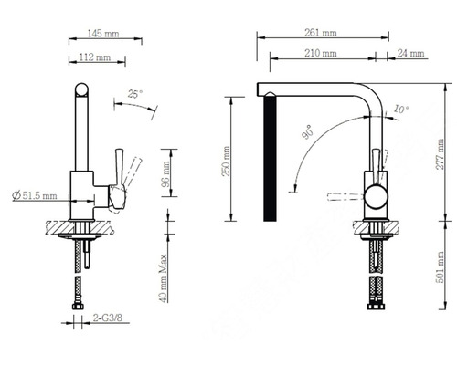 Schéma technique d''un robinet de cuisine avec dimensions