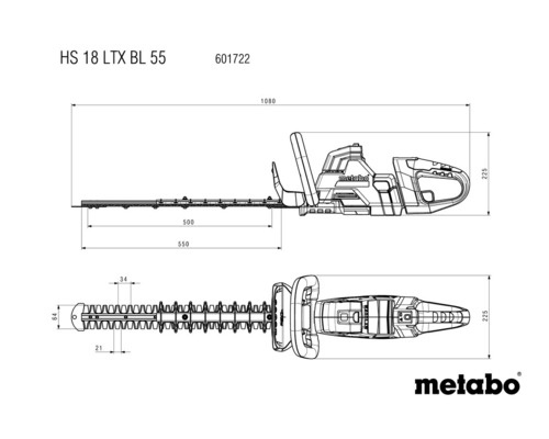 Plan coté du taille-haie sans fil Metabo HS 18 LTX BL 55 avec indications de dimensions