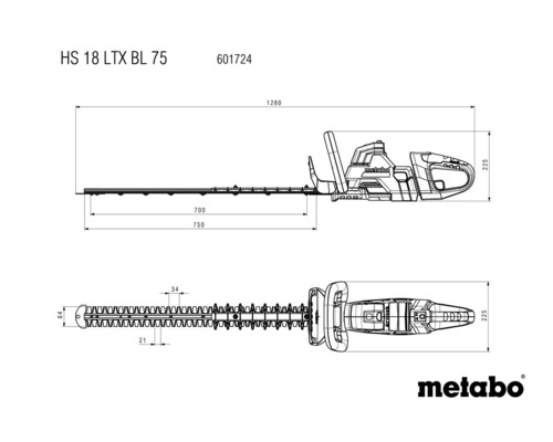 Schéma coté du taille-haie sans fil Metabo HS 18 LTX BL 75