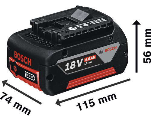Batterie lithium-ion Bosch 18 volts 4,0 Ah avec des dimensions de 74 mm de large, 115 mm de long et 56 mm de haut