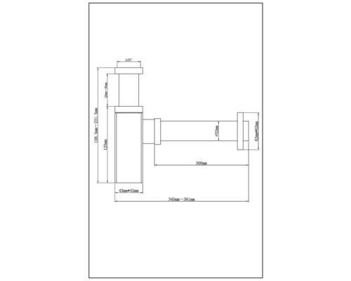 Technische Zeichnung eines Siphons mit Maßangaben.