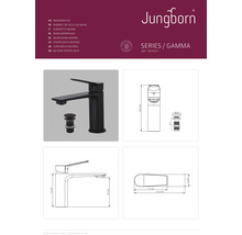 Robinet de lavabo Jungborn Gamma avec garniture de vidange et indications de dimensions