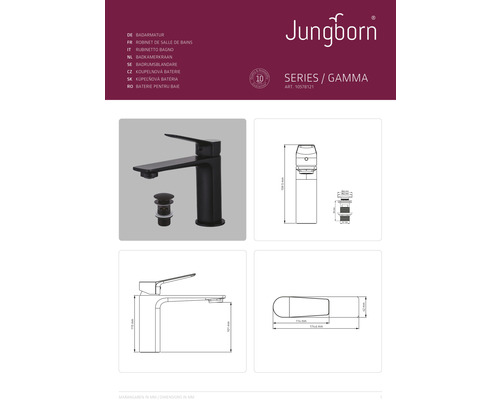 Robinet de lavabo Jungborn Gamma avec garniture de vidange et indications de dimensions