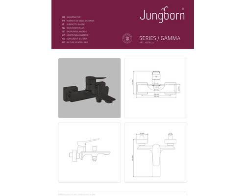 Robinet de salle de bains Jungborn Série Gamma avec indications de dimensions