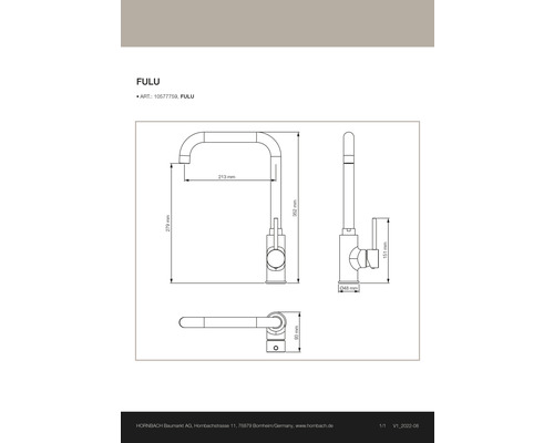 Dessin d''un robinet de cuisine Fulu avec dimensions