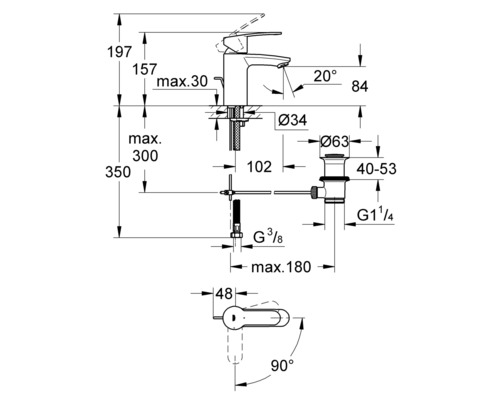 Schéma technique d''un robinet avec indications de mesure