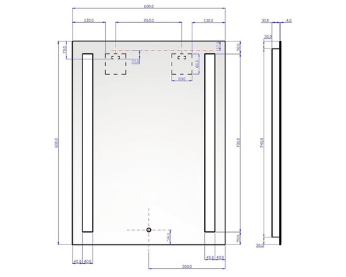 Technische Zeichnung eines rechteckigen Spiegels mit Abmessungen.