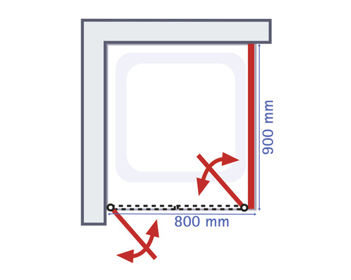 Dessin technique d''une cabine de douche avec des dimensions de 900 mm et 800 mm.