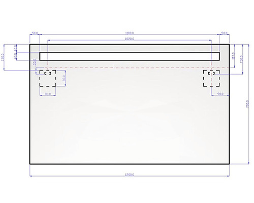 Dessin technique d''un miroir avec éclairage et dimensions