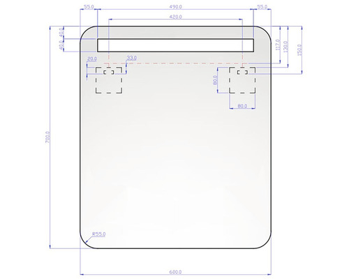 Dessin technique d''une plaque de miroir avec indications de dimensions