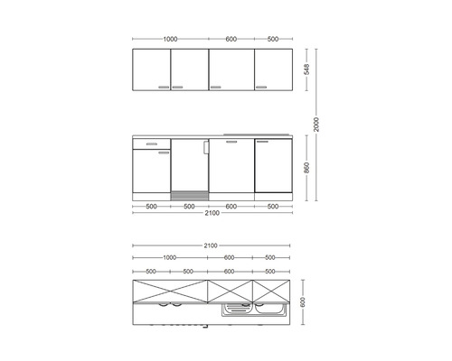 Dessin technique d''un ensemble de cuisine avec dimensions