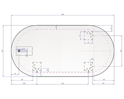 Skizze einer ovalen Badewanne mit Maßen