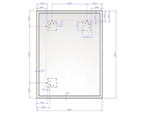 Dessin technique avec les dimensions d''un objet rectangulaire, points de montage inclus