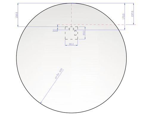 Schéma technique d''un cercle avec une découpe carrée et des dimensions