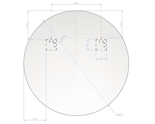 Schéma technique d''un miroir rond avec dimensions