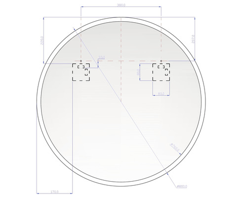 Schéma technique d''un miroir rond avec indications de dimensions