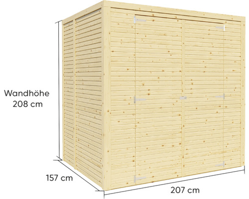 Abbildung eines Holzgartenhauses mit den Maßen: Wandhöhe 208 cm, Tiefe 157 cm, Breite 207 cm