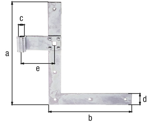 Equerre d''angle avec les dimensions a, b, c, d et e
