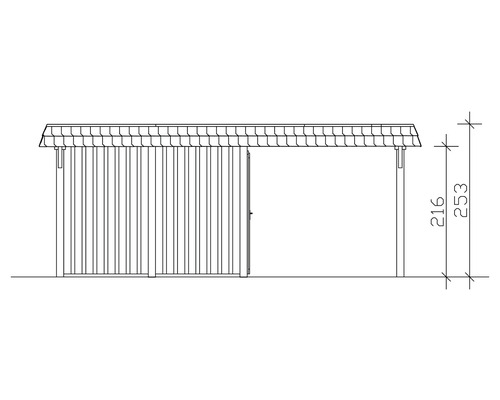 Technische Zeichnung eines Holzschuppens mit Maßangaben