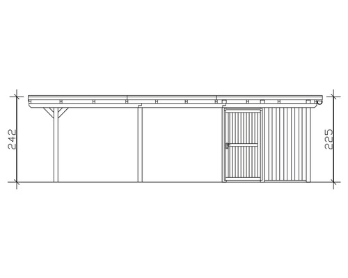 Technische Zeichnung eines Carports mit Geräteraum und den Maßen 242 mal 225 Zentimeter