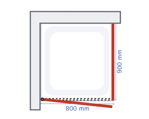Schéma technique d''une cabine de douche mesurant 900 mm sur 800 mm