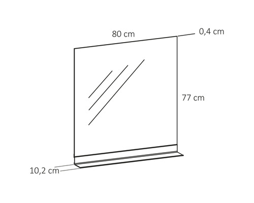Illustration eines Spiegels mit Ablage und Maßangaben.