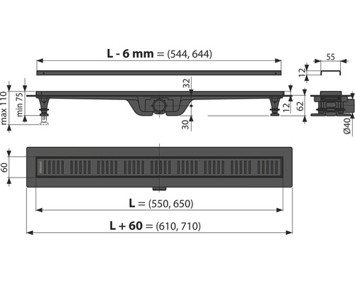 Schéma technique d''un caniveau de douche avec indications de mesure
