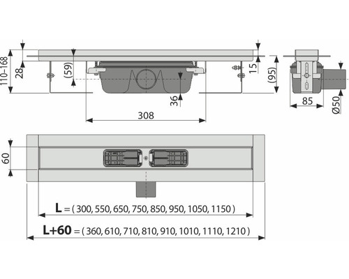 Technische Zeichnung einer Duschrinne mit Bemaßung