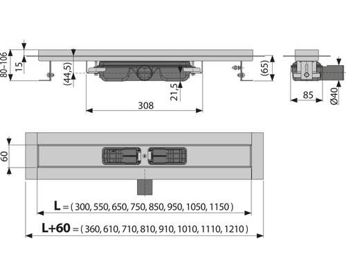 Technische Zeichnung einer Duschrinne mit Maßangaben