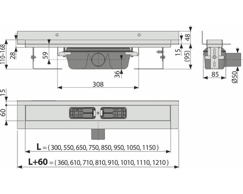 Technische Zeichnung einer Duschrinne mit Maßangaben