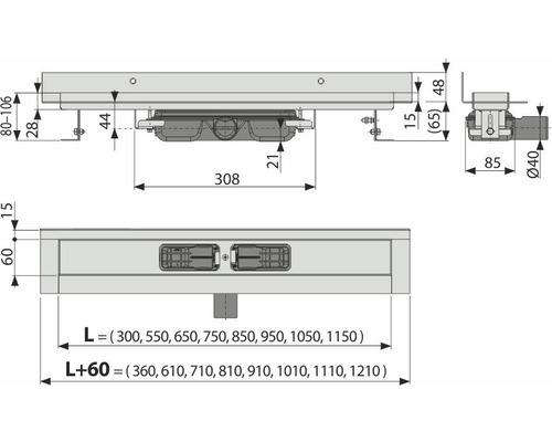 Technische Zeichnung einer Duschrinne mit Maßangaben.
