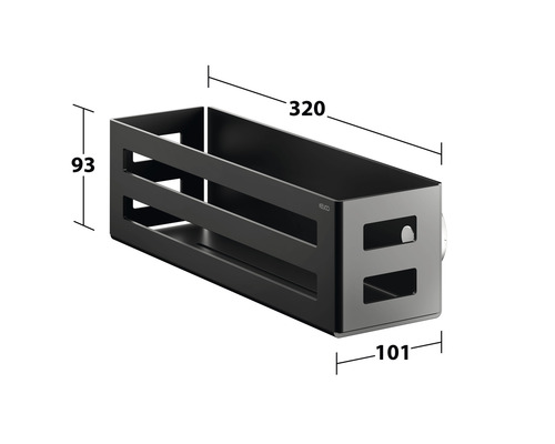 Schwarzer Badregal mit den Massen 320 x 93 x 101 Millimeter.