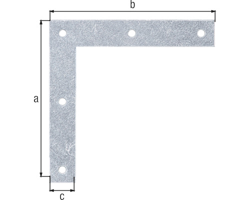 Winkelverbinder mit Bohrlöchern und Massangaben a, b und c