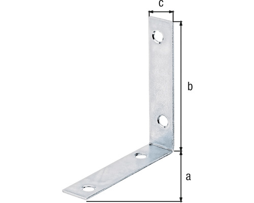 Equerre de fixation avec trous et indications de taille a, b et c.