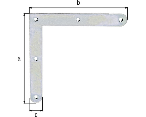 Winkelverbinder aus Metall mit Löchern zur Befestigung, Maße a, b und c