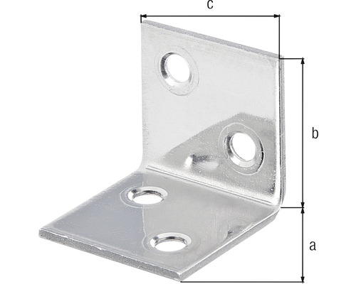 Equerre avec trous et dimensions a, b et c.
