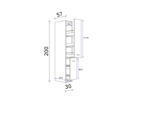 Technische Zeichnung eines Hochschranks mit Maßen.