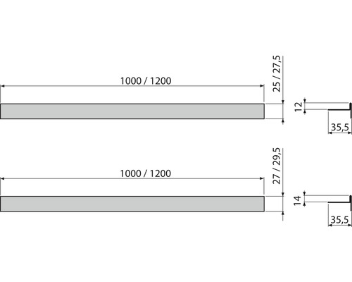 Schéma technique de deux profilés en bois avec dimensions