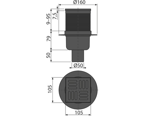 Technische Zeichnung eines Bodenablaufs mit Abmessungen
