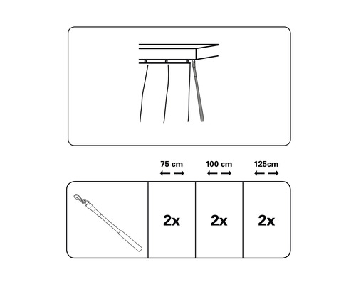 Abbildung eines ausziehbaren Stützfußes mit Angaben zu Länge und Anzahl