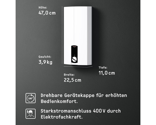 Elektrischer Warmwasserbereiter mit den Maßen 47,0 cm Höhe, 22,5 cm Breite und 11,0 cm Tiefe. Gewicht: 3,9 kg. Drehbare Gerätekappe für erhöhten Bedienkomfort. Starkstromanschluss 400 V durch Elektrofachkraft.