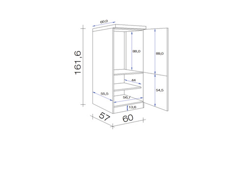 Plan coté d''une armoire haute avec portes ouvertes et compartiments internes